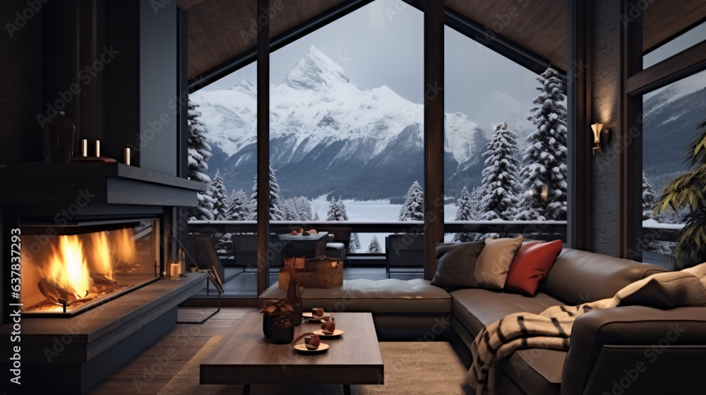 Living room with fireplace mountain chalet interior
