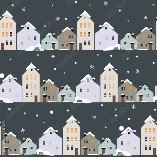 Vector seamless pattern with winter houses in the snow