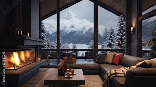 Living room with fireplace mountain chalet interior © Gefer