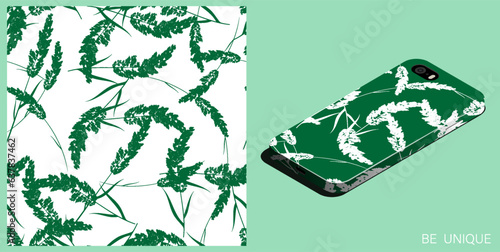 Modern smartphone in unique case decorated cereal grass with panicle fluffy crown of meadow grass seamless pattern. Isometric top view. Vector ornament for design of posters and accessory