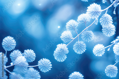 Beautiful winter background with tree branches covered with hoarfrost. Created by AI.