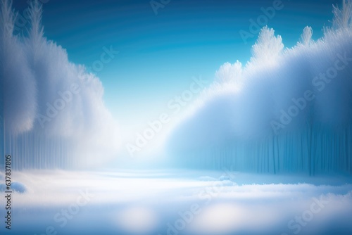 Beautiful winter Christmas snowy landscape with snowdrifts and soft fluffy trees against the blue sky. Created by AI.