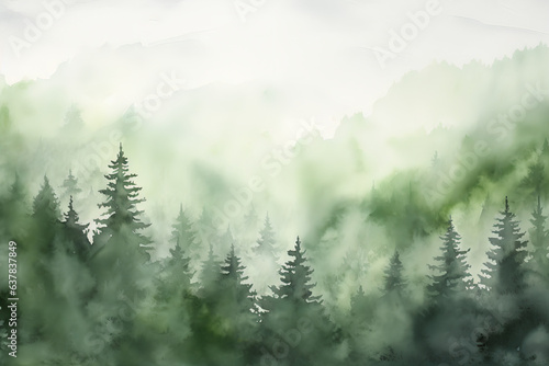 Misty morning in the mountains, forest in fog, watercolor painting, background with clouds, duo color, Generative AI