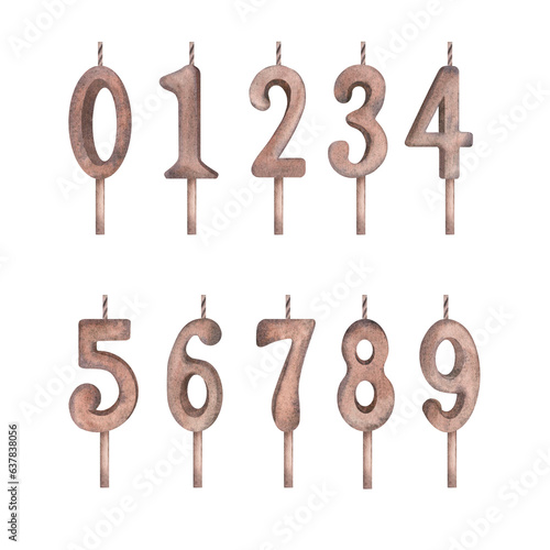 A set of candles with numbers from zero to nine for a birthday. Watercolor illustration, hand-drawn, isolated on a white background.Suitable for the design of postcards, prints. invitations