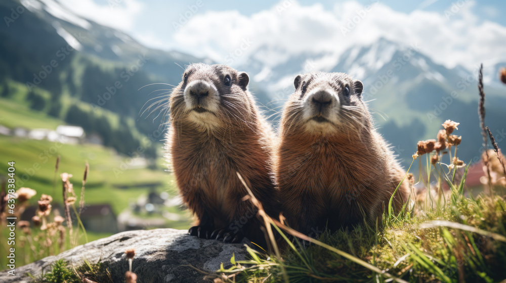 two cute brown marmots in the alps. - obrazy, fototapety, plakaty 