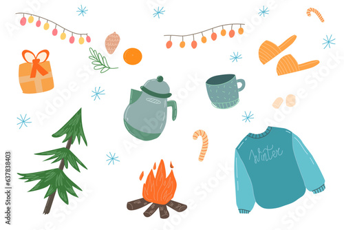 Winter set with warm elements and cozy objects. Vector illustration