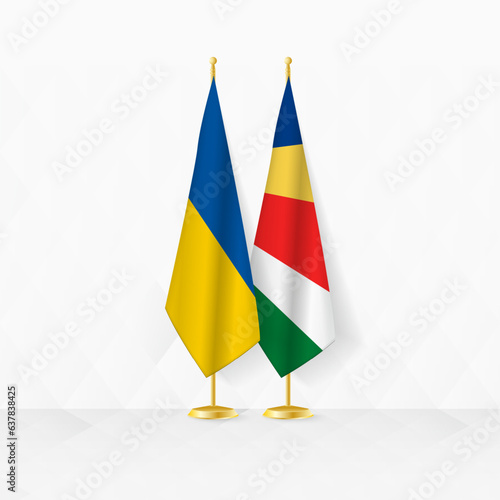 Ukraine and Seychelles flags on flag stand, illustration for diplomacy and other meeting between Ukraine and Seychelles.