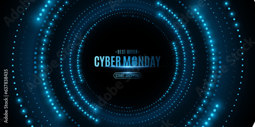 Cyber Monday Sale Banner. Digital circles of glowing blue dots. Business technology event. Vector illustration.