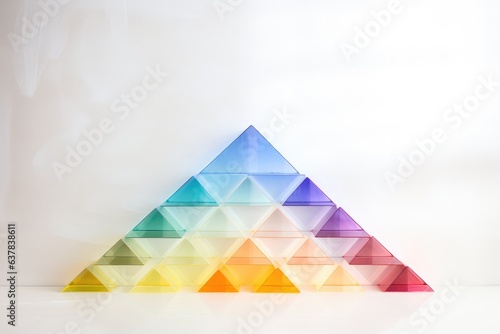 Minimal composition of colourful rainbow glass prisms pyramid on white background in studio. LGBT concept, web 3 blockchain