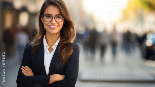 Smiling and self-assured female entrepreneur, standing tall with her arms folded.