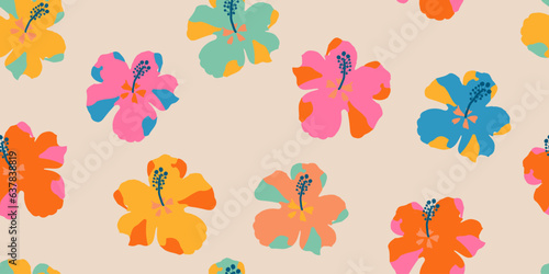 Tropical flower pattern seamless, silhouette of blooming, hand drawn botanical, Floral leaf for spring and Summer time, natural ornaments for textile, fabric, wallpaper, background design.