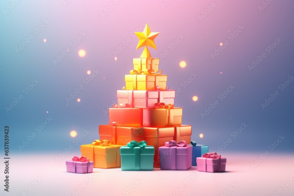 3D Render Christmas Tree with Gift Boxes  Decoration, Merry Christmas and Happy New Year Background. Generative Ai