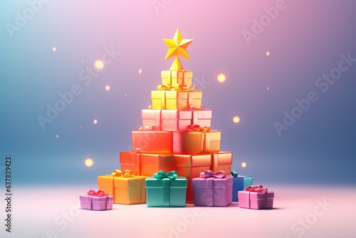 3D Render Christmas Tree with Gift Boxes Decoration, Merry Christmas and Happy New Year Background. Generative Ai