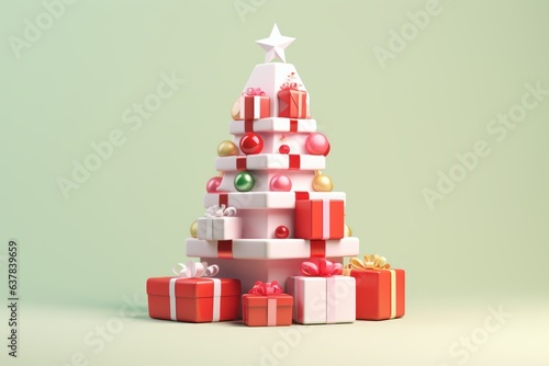 3D Render Christmas Tree with Gift Boxes  Decoration, Merry Christmas and Happy New Year Background. Generative Ai