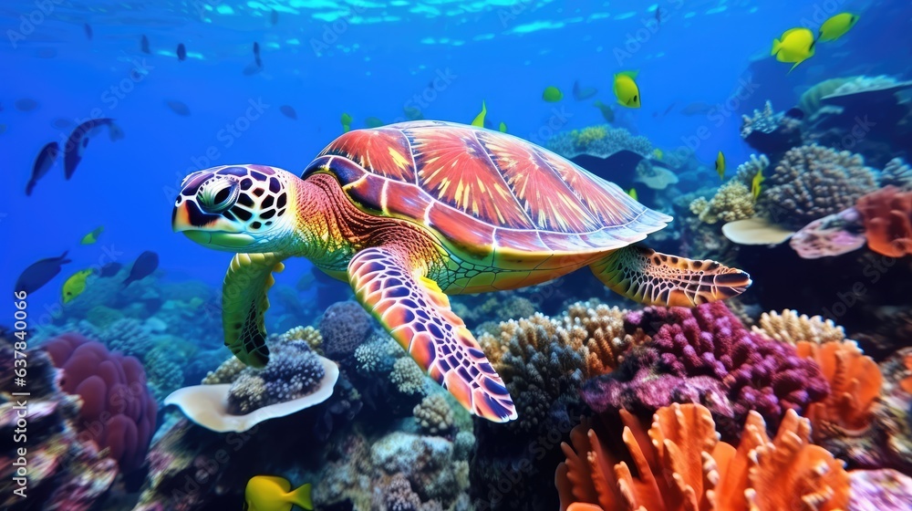 Naklejka premium turtle with Colorful tropical fish and animal sea life in the coral reef, animals of the underwater sea world