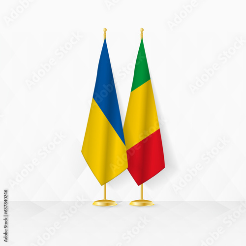 Ukraine and Mali flags on flag stand, illustration for diplomacy and other meeting between Ukraine and Mali.