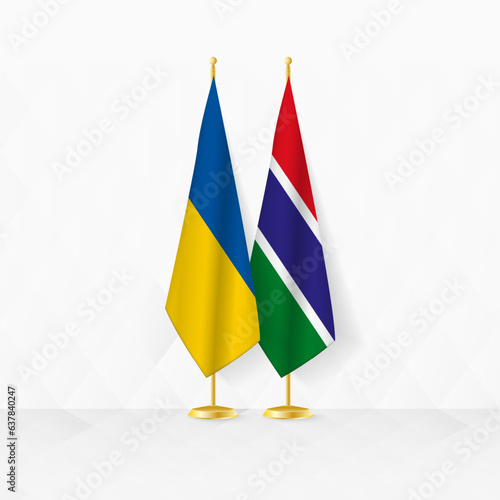 Ukraine and Gambia flags on flag stand, illustration for diplomacy and other meeting between Ukraine and Gambia.