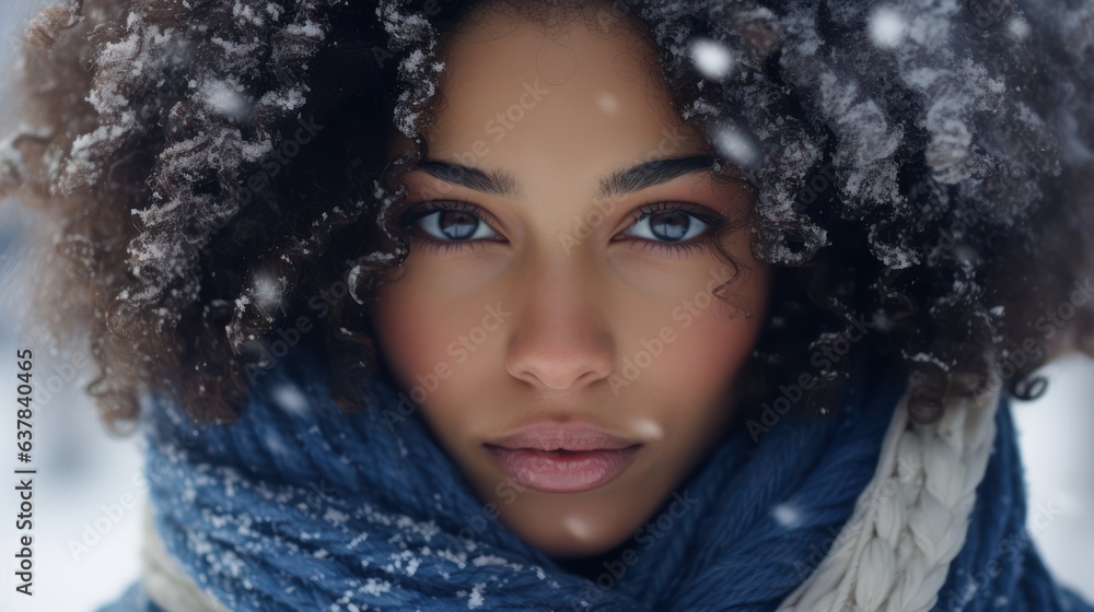 Beautiful african american woman with afro hairstyle in winter, cold winter snow photoshoot Beautiful african american woman with afro hairstyle in winter, cold winter snow photoshoot