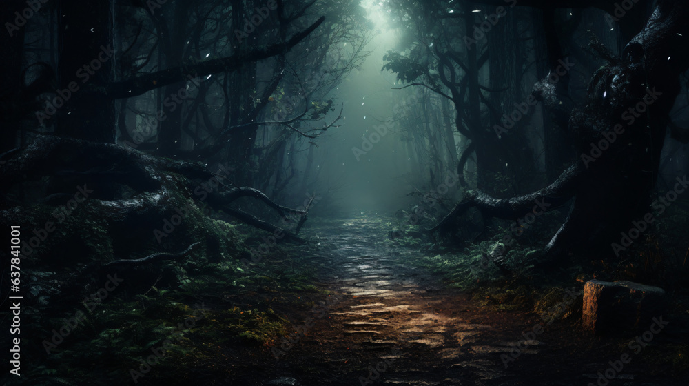 Mysterious forest with a moonlit path fog