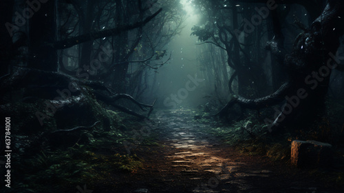 Mysterious forest with a moonlit path fog © Gefer