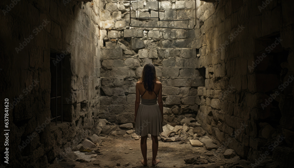 Woman stands in a stone dungeon, back view. Woman stands in a stone dungeon, back view.