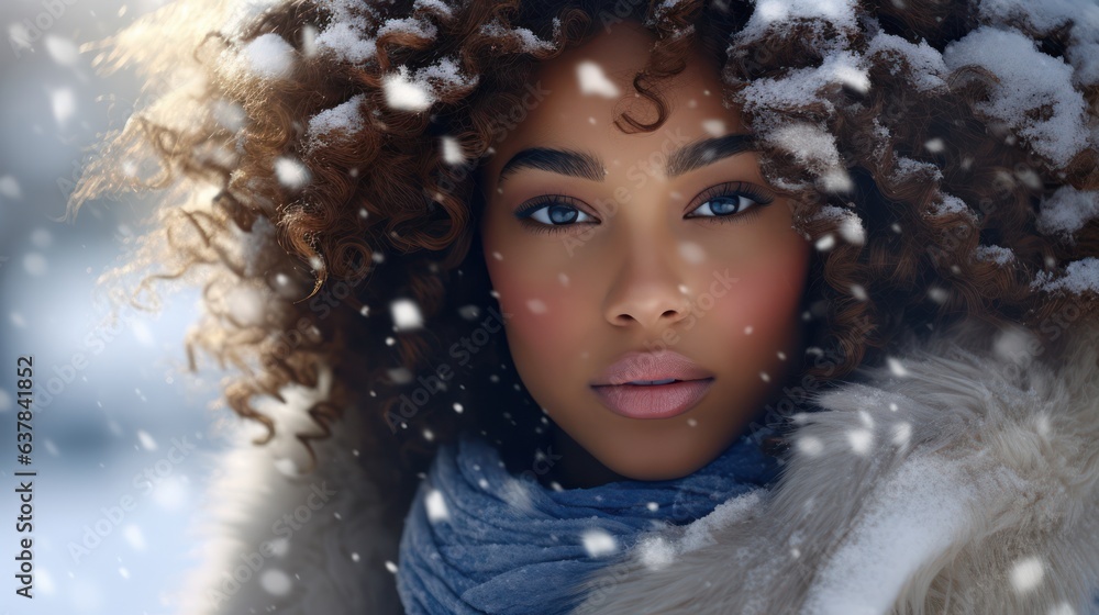 Beautiful african american woman with afro hairstyle in winter, cold winter snow photoshoot