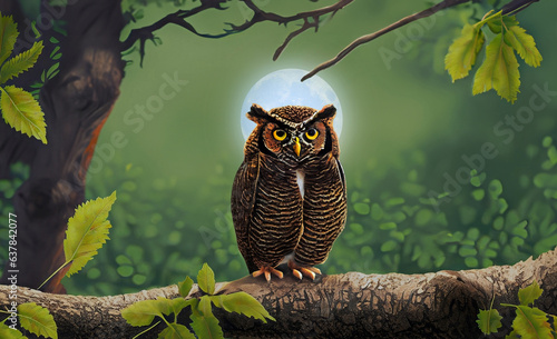 A sacred owl on branch with green leaves with full moon in wild, AI generated photo