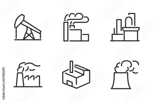 Simple set of vector line icons related to factories.