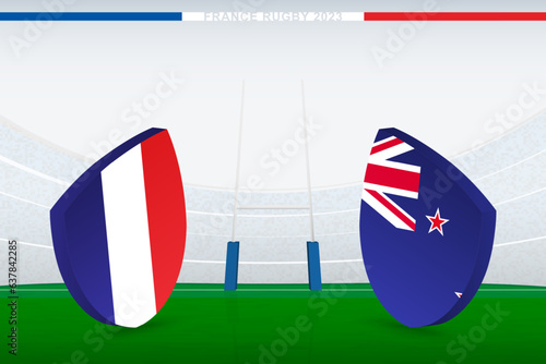 Match between France and New Zealand, illustration of rugby flag icon on rugby stadium.
