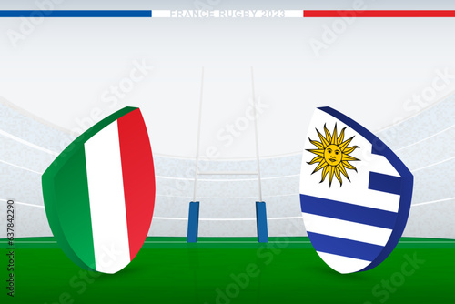 Match between Italy and Uruguay, illustration of rugby flag icon on rugby stadium.