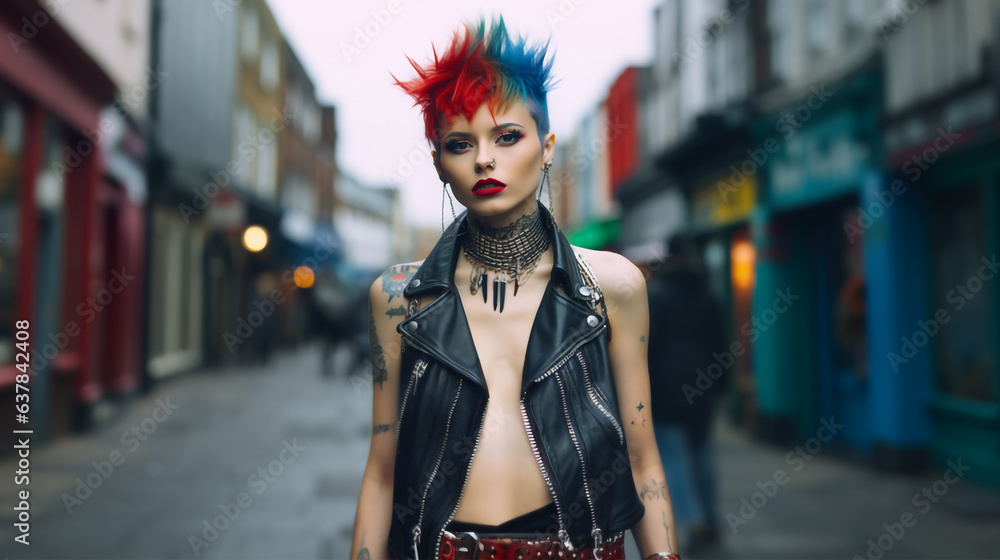 Young Punk Rock Girl, with green, blue, and red hair, deep eyeshadow, bright red lipstick, a large neckpiece, body decorations, and tattoos, on a blurry street background	
