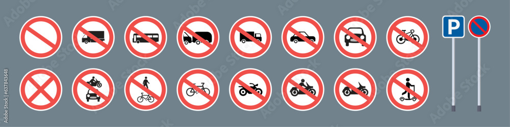 Vector sets of parking bays and no parking sign board guidance. Letter P parking symbol sign for car, vehicle, motorbike, bicycle, scooter and truck. No Parking Allowed, Do Not Park Car. Vector. Vector sets of parking bays and no parking sign board guidance. Letter P parking symbol sign for car, vehicle, motorbike, bicycle, scooter and truck. No Parking Allowed, Do Not Park Car. Vector.