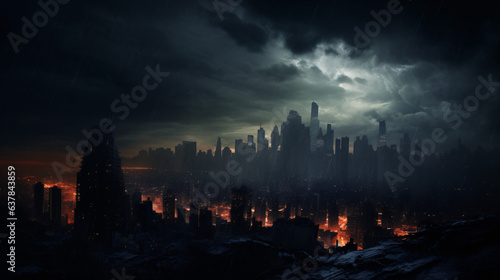 Ominous cityscape under dark sky