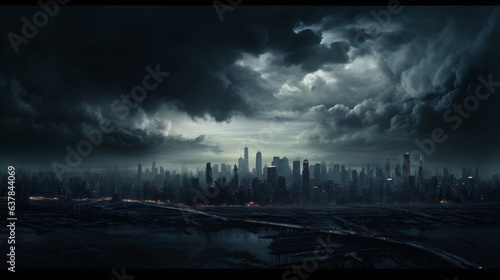 Ominous cityscape under dark sky