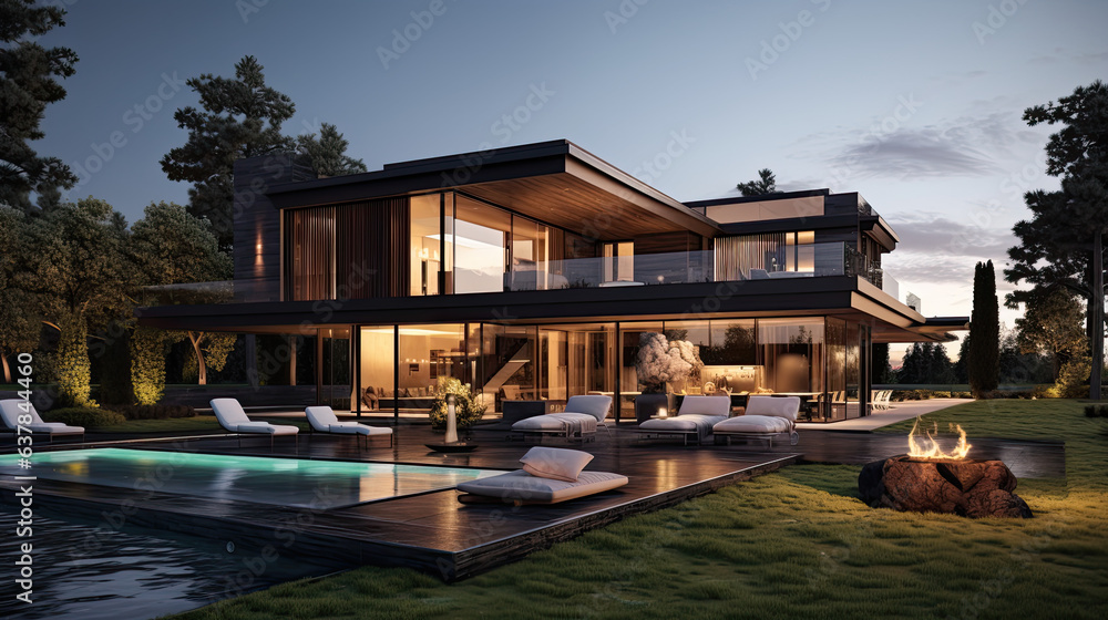 modern dark villa with open plan living and private chair wing with small terrace for relaxation, Generative Ai