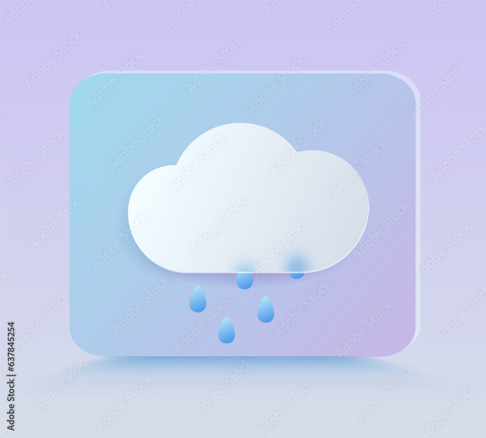 Button , icon with the image of the cloud and rain . Weather icon with glassmorphic effect. For mobile application about the weather. Vector