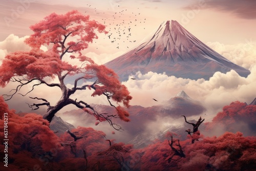 Vulcano Japan nature mountain with autumn leaves in spring. Generative Ai.