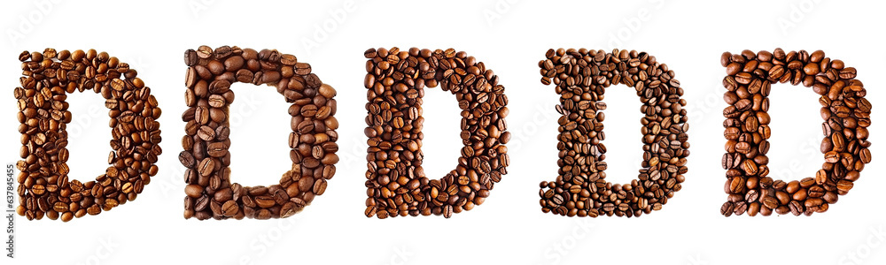 Set of Coffee beans letters D illustration isolated white transparent background, PNG. Set of Coffee beans letters D illustration isolated white transparent background, PNG.