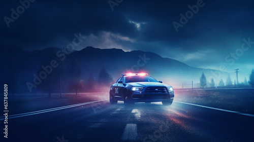 Police car chasing a car at night with fog