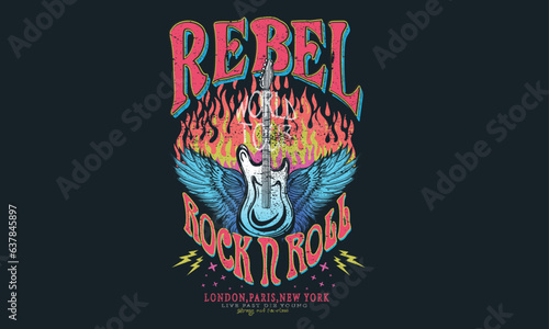 Rebel rock music poster. Wild and free t-shirt design. Rock and roll vector graphic print design for apparel, stickers, posters, background and others. Guitar with wing artwork.