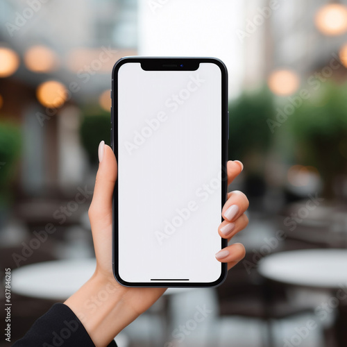 Smartphone mockup. businesswoman hand holding black phone white screen with generative Ai