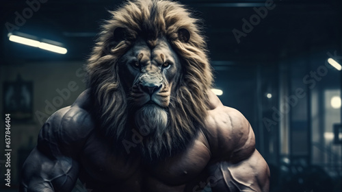 Portrait of a strong male lion in a gym. Bodybuilding