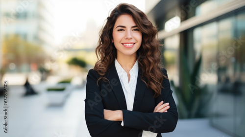 Grinning and self-assured female executive standing with arms folded