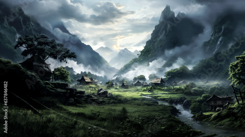 A breathtaking landscape unfolds between two mountains in a small valley.