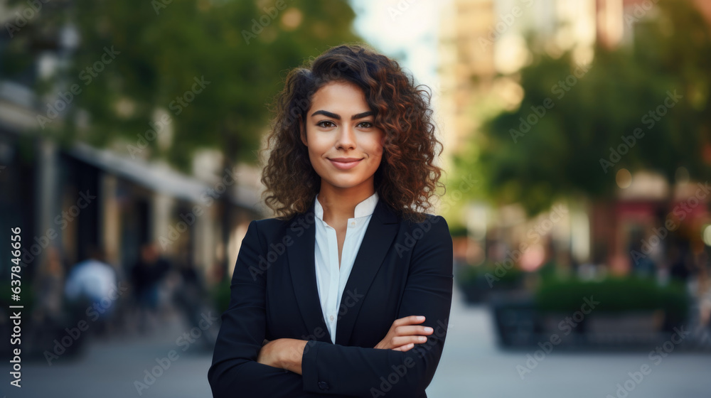 Young happy pretty smiling professional business woman with arms crossed standing on the sidewalk Young happy pretty smiling professional business woman with arms crossed standing on the sidewalk
