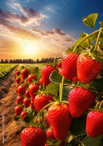 Red fresh strawberries in a row grow in the field  sunset light. Generative Ai.