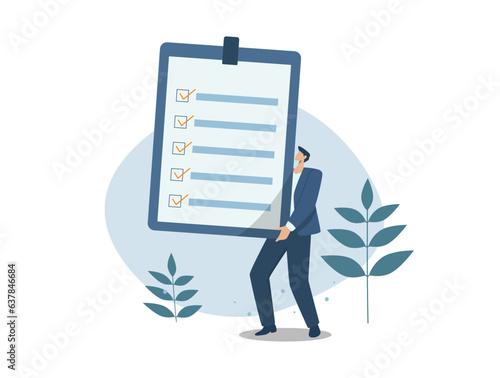 Quality control or document compliance. Confirm the business plan checklist with a checkmark. Inspection, Survey, Businessman holding documents on large clipboard. Vector design illustration.
