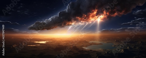 Meteor glowing as it enters the Earth's atmosphere, ultra realistic panorama. Generative Ai.