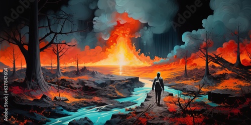painting style illustration of a person walking on way path surround with wildfire, Generative Ai