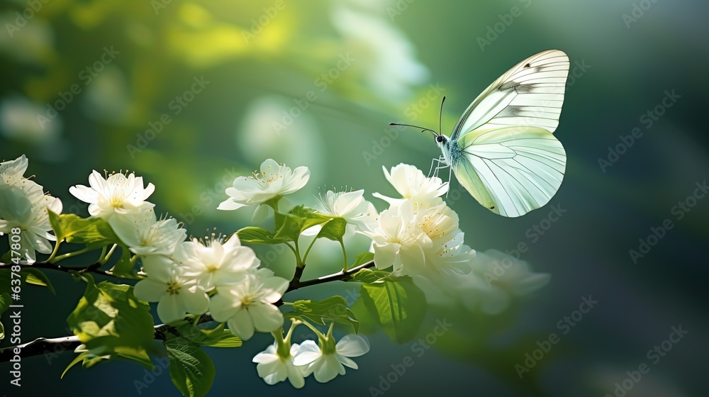 close up blue white butterfly suck sweet nectar from flowers that blossoming on tree branch, calm peaceful atmosphere, Generative Ai close up blue white butterfly suck sweet nectar from flowers that blossoming on tree branch, calm peaceful atmosphere, Generative Ai